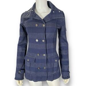 TILDON Anthro Blue Striped Double Breasted PeaCoat Military Sweater Jacket XS